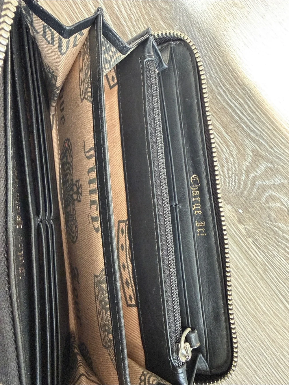 Juicy Couture Olive & Black Zip Wallet with Pink Crest Embroidery